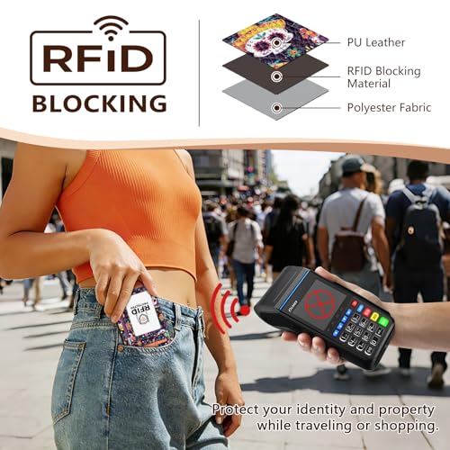 Image of GIANCOMICS Slim Wallet Credit Card Holder Women, Sugar Skull Rfid Blocking Small Card Case, Keychain Thin Pocket Curved Zipper Wallet, Travel Card Holder PU Leather ID Window, Ladies Female Gifts