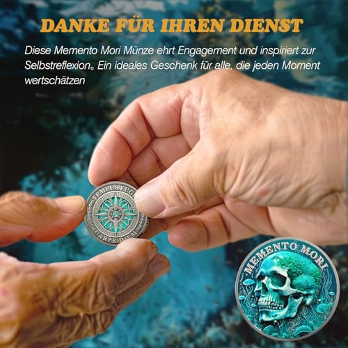 Memento Mori Münze – Tempus Fugit Carpe Diem Totenkopf Herausforderungs Münze mit Kompass-Design, Antike Gedenk Münze und Erinnerungsmedaille zur Reflexion über Vergänglichkeit für Damen und Männer