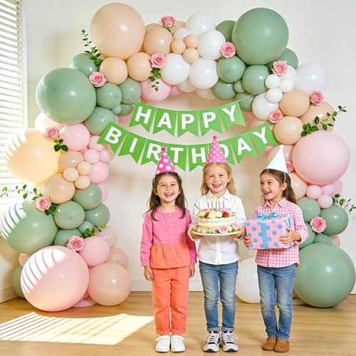 Image of Sage Green Pink Balloons,50Pcs 12 Inch Pastel Light Pink Dusty Sage Green Nude Sand White Boho Balloons for Baby Shower Birthday Bridal Shower Wedding Tea Party Decorations