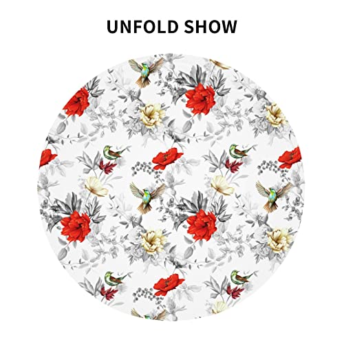 Red Flowers Birds Tablecloth Round 60 Inch Vinyl Grey Black Leaves Table Cloth Waterproof Fabric Farmhouse Tablecloths Decorative For Holiday Home Party Wedding Picnic #TOP3