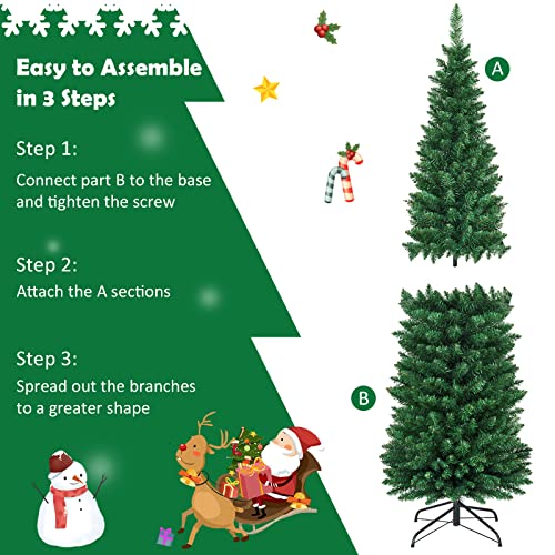 COSTWAY-6FT-Pencil-Christmas-Tree-Slim-Skinny-Hinged-Pine-Tree-with-PVC-Material-400-Branch-Tips-Solid-Metal-Legs-Unlit-Artificial-Xmas-Tree-for-Home-Holiday-Hotels-Outdoor-Decoration-Green COSTWAY 6FT Pencil Christmas Tree Slim Skinny Hinged Pine Tree with PVC Material 400 Branch Tips Solid Metal Legs Unlit Artificial Xmas Tree for Home Holiday Hotels Outdoor Decoration Green