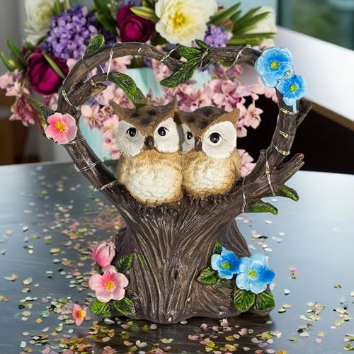 Solar Owl Statue for Outdoor Garden, Patio, or Indoor Decor – Heart-Shaped Tree with Love Owl Pair 7x7 inch — photo — 7 of 9