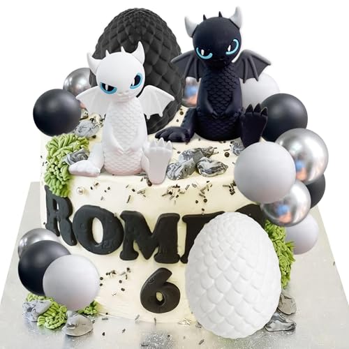Black White Dragon Cake Toppers Black White Dragon Egg Cake Decors Black Balls Cake Decor for Fantasy Baby Shower Birthday Wedding Party Supplies