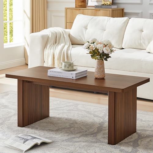 Image of Rectangular Fluted Coffee Table, Farmhouse Wood Coffee Table Mid Century Modern Center Table Boho Living Room Tables for Living Room Office (Walnut, 19.69 inch D x 43.3 inch W x 17.72 inch H)