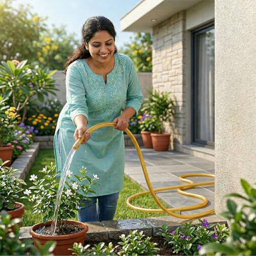 Image of Casa De Amor 0.5 Inch Flexible Expandable Garden Hose Pipe with Connector & Clamps | Light Golden Water Pipe for Gardening, Car Wash & Home Use | Leak-Proof, Lightweight | 5 Meter (16.40 Feet)