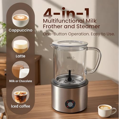 Image of Detachable Milk Frother, 4 in 1 Milk Frother and Steamer, Dishwasher Safe, Glass Frother 16.9oz Warm and Cold Foam Maker, Electric Milk Frother for Coffee, Latte, Hot Chocolate (Silver)