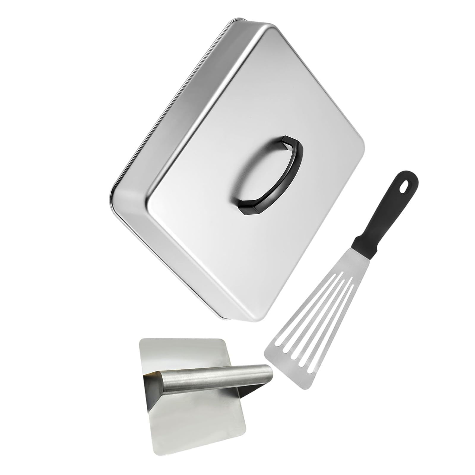 MALSSE Sturdy Stainless Steel Press with Lid and Fish Turner for BBQ Kitchen Heat Retention Pan Cover