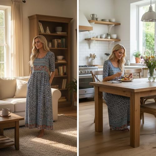 Image of Women's Boho Floral Maxi Dress Casual Boho 2026 Summer Short Sleeve Beach Dresses with Pockets