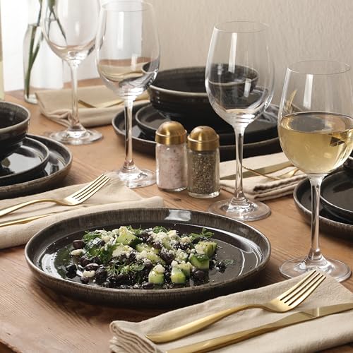Image of Gibson Elite Eclipse Swirls Plates and Bowls Sets, 12-Piece Stoneware Dinnerware Sets, Reactive Glaze Dish Set - Black