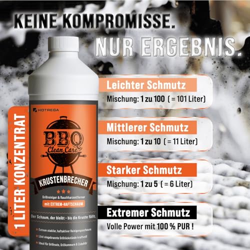 HOTREGA Krustenbrecher Grillreiniger extra stark 1L Konzentrat | Sprengt eingebrannte Krusten | Gasgrill Reiniger | Fettlöser für Grillrost, Gusseisen