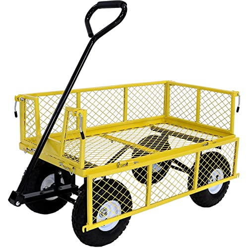 Sunnydaze Utility Steel Garden Cart, Outdoor Lawn Wagon With Removable Sides, Heavy-Duty 400 Pound Capacity, Yellow #TOP7