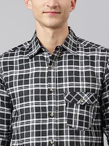 Image of Thomas Scott Men's Polyester Checkered Slim Fit Casual Shirt with Spread Collar and Long Sleeve (TS1045 Wood)