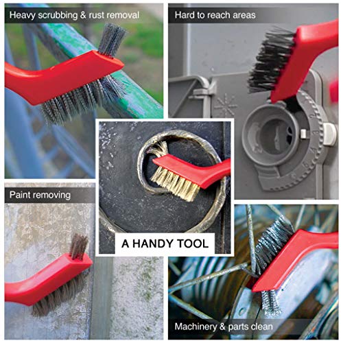 Lavaxon Wire Brush Set 3Pcs - Nylon/Brass/Stainless Steel Bristles With Curved Handle Grip For Rust, Dirt & Paint Scrubbing With Deep Cleaning – 7 Inches (Red) #TOP6