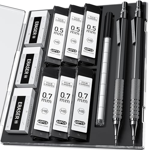 Four Candies Druckbleistifte, 0,5 mm und 0,7 mm, Schwarz, Metall, mit Etui, Künstlerbleistift mit 360 HB-Minen, 3 Radiergummis