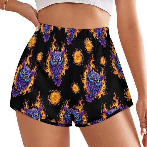High Waist Sport Leggings for Women Abstract Fire Flame Owl Art, Soft Stretchy Yoga Running Shorts f