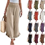 Linen Pants Women Summer Wide Leg Pants Smocked Waist Ruffle Hem Palazzo Pants Boho Beach Pants with Pockets High Waist Flowy Pants Casual Cropped Pants Vacation Pants Palazzo Pants for Women Casual