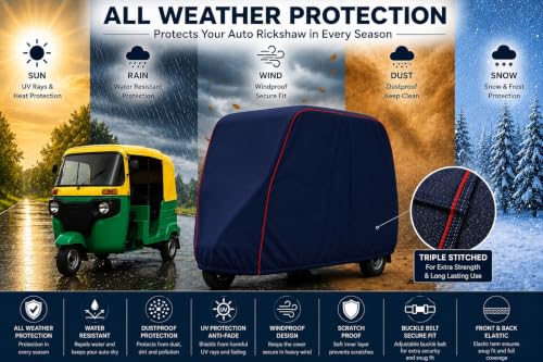 Image of Premium Auto Rickshaw Cover Compatible With All Bajaj Small Auto Rickshaw Models Comes with All Weather Water-Resistant Body Cover | Triple-Stitched | Dustproof & Heat-Resistant (Navy With Red Piping)