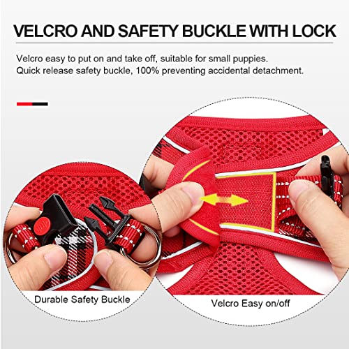 Suredoo Hundegeschirr Kleine Hunde mit Leine, Anti Zug Geschirr Reflektierend Atmungsaktiv Brustgeschirr, Welpengeschirr für Kleine Hunde (Rot Kariert, S, Brust: 29-33cm)