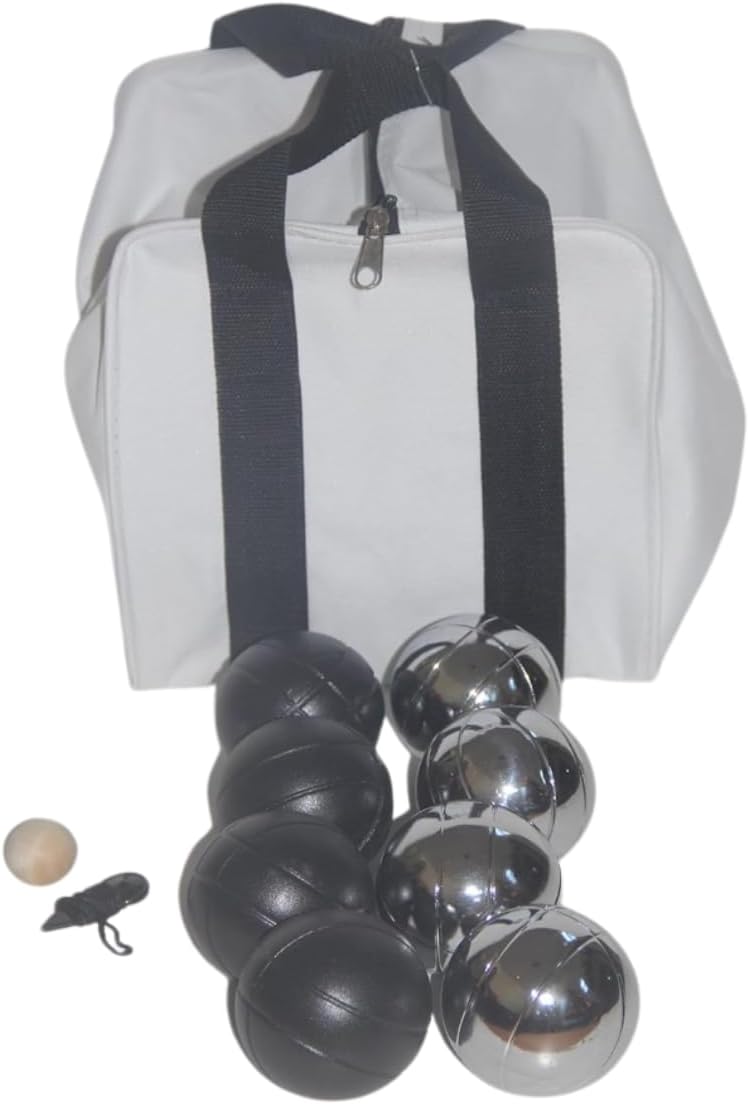 BuyBocceBalls Listing - 73mm Metal Bocce/Petanque Set with 4 Black and 4 Silver Balls and Heavy Duty White Nylon Bag - Single