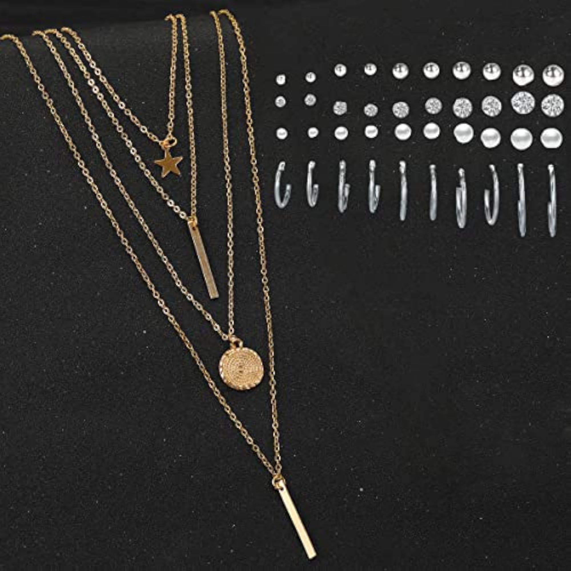 Layered Necklace & Silver Earrings Set Combo