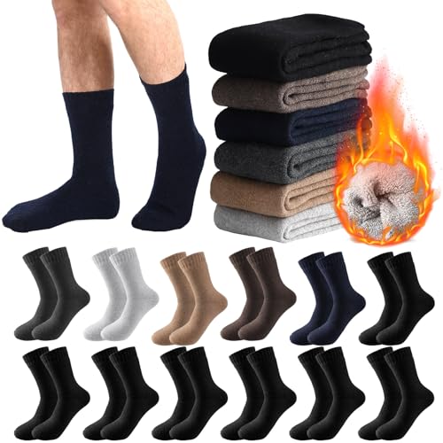 Janmercy 12 Pairs Hiking Thermal Socks for Men Thick Warm Winter Wool Boot Socks Bulk for Cold Weather Mens Cozy Gift