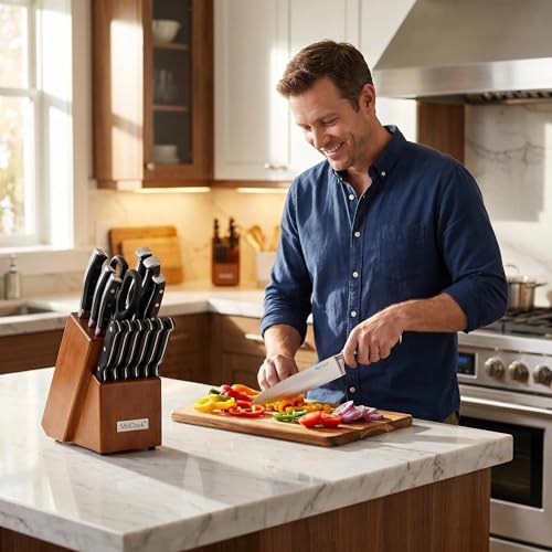 Image of McCook Knife Sets,German Stainless Steel Kitchen Knife Block Set with Built-in Sharpener, 15-Piece Razor-Sharp Kitchen Knives, Forged Triple Rivet,Full Tang,Ergonomic Handle,Elegant Box for Gift
