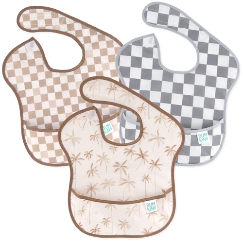 Image of Bumkins Bibs for Girl or Boy, SuperBib Baby and Toddler for 6-24 Months, Essential Must Have for Eating, Feeding, Baby Led Weaning Supplies, Mess Saving Catch Food, 3-pk Palms and Checks