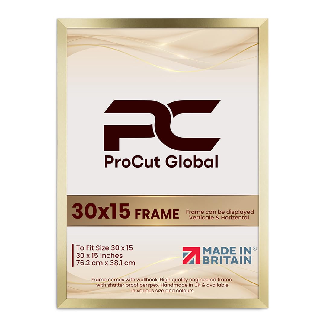 Procut Global 30X15 Gold Picture Frames - Modern Wooden Photo Frame with Shatterproof Perspex for Wall or Tabletop - Perfect for Posters, Certificates, Prints - Sizes & Colors Available