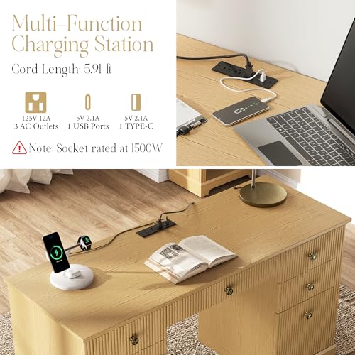 59" Modern Executive Desk with Drawers, Wood Home Office Computer Desk with Charging Station, 5 Drawers & 1 Cabinet, File Drawer, Fluted Computer Writing Desk for Study, Living Room, Bedroom, Oak - Image 5
