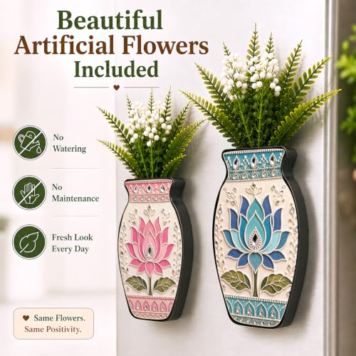 Image of Regalo Casila Magnetic Artificial Flower Vase Fridge Magnets Set of 2 Lotus Kundan Art Indian Ethnic Decorative Refrigerator Kitchen Home Office Decor Housewarming Gift