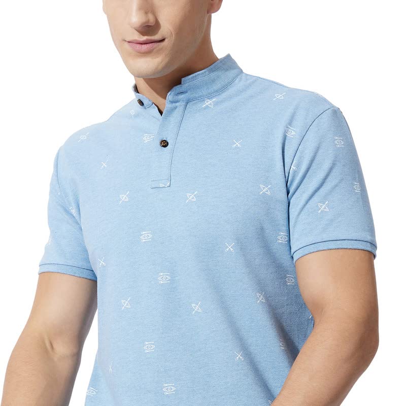 Image of FAHRENHEIT Men's Regular Poly Cotton Canoe Print Stand-Up Collar Polo T-Shirt