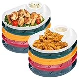 Jucoan 10 Pack Chip and Dip Serving Plates, 9 x 6.5 Large Reusable Plastic Dinner Dumpling Plate with Sauce Compartment for Tacos, Fries, Sushi, Charcuterie Board, Microwave Dishwasher Safe