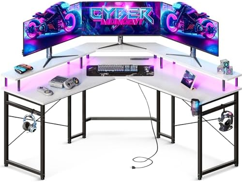 （18:30時点） ODK ゲーミングデスク コンセント付き パソコンデスク 机 幅129 収納 desk 仕事用 l字デスク 在宅勤務 組立簡単 ホワイト