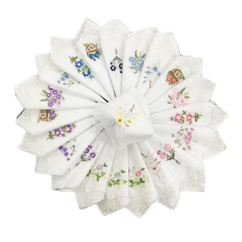 Cotton Handkerchiefs for Women 12 Pcs Embroidered Floral White Hankies with Lace Edge 28x28cm Soft Pocket Square Kerchief for Wedding Bridal Shower Gift Mothers Day-image-22