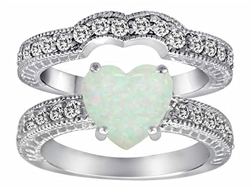 Star K 8mm Heart Shape Simulated Opal Wedding Set Sterling Silver