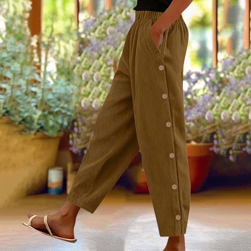 Image of NBXNZWF Corduroy Pants Women Stretch Elastic Waist Casual Pants Side Button Loose Fit Straight Leg Trousers with Pockets