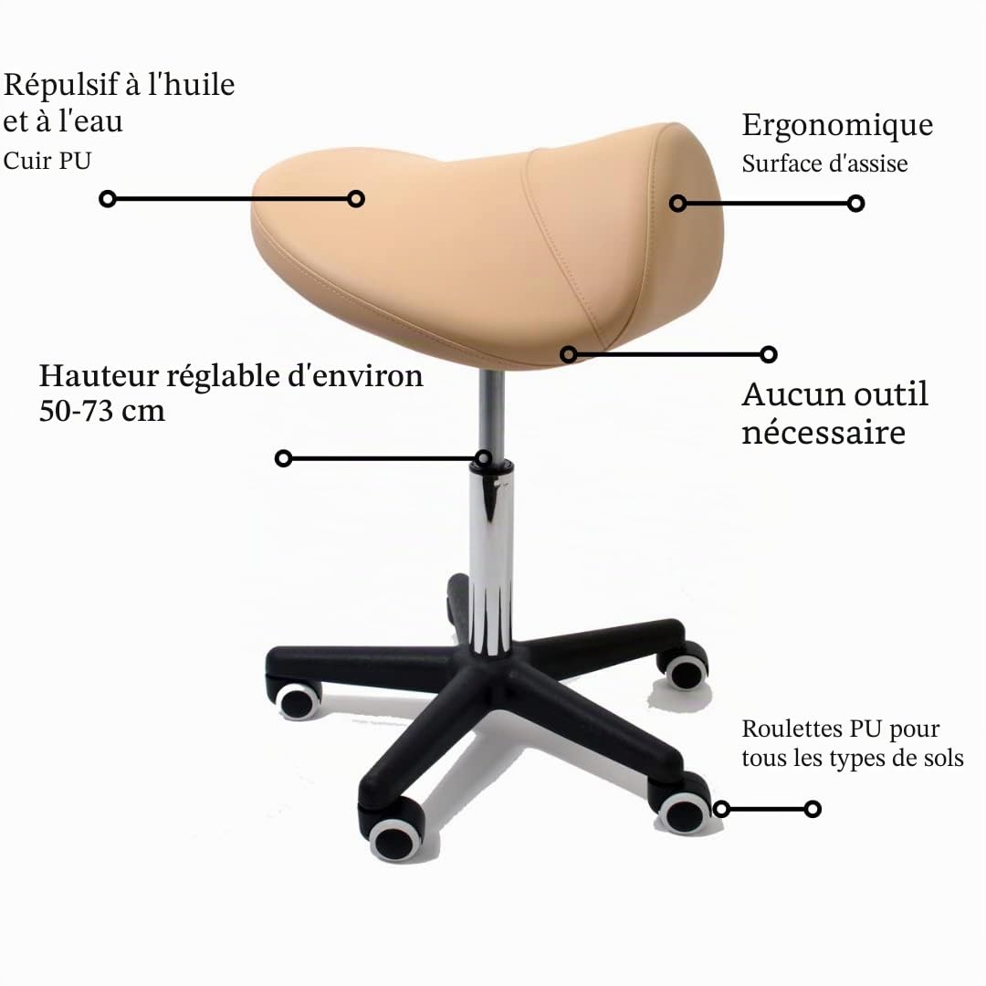 Tabouret selle extra large, siège-selle réglable 50-73 cm, 170 kg (Beige) | Tabouret pivotant ergonomique, assise selle extra large – Siège de travail favorisant une posture dynamique et droite
