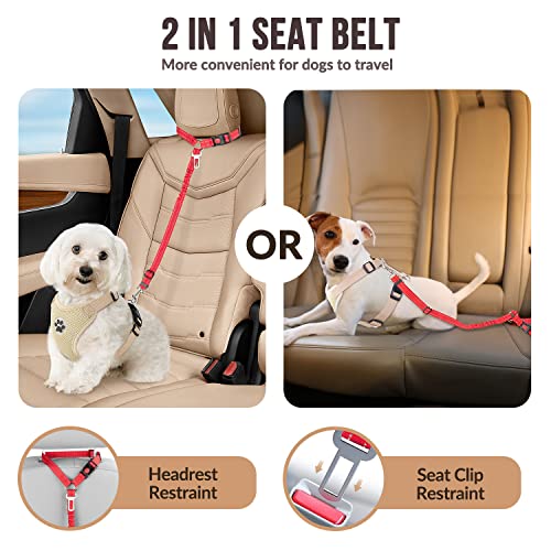 Image of SlowTon Dog Seat Belt for Car, 2 Pack Dog Car Harness Seatbelt with Bungee | 2 in 1 Pet Car Leash Headrest Restraint & Dog Safety Tether Clip, Adjustable with Elastic Buffer, Reflective, Red S