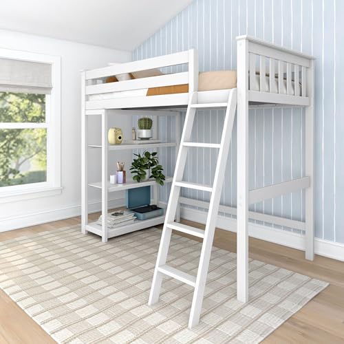 Max & Lily High Loft Bed, Twin Bed Frame For Kids With Bookcase, White