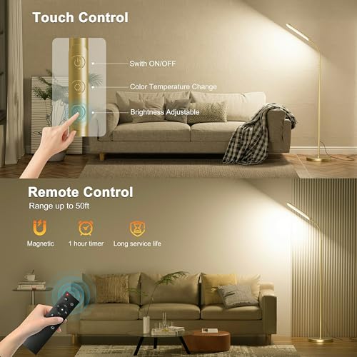 Image of Yikuneng Dimmable LED Floor Lamp, Super Bright Reading Lamps Floor Standing lamp with Remote & Touch Control, Stepless Dimming & 2700K-6500K Color Temperature, for Living Room Bedroom Office, Gold