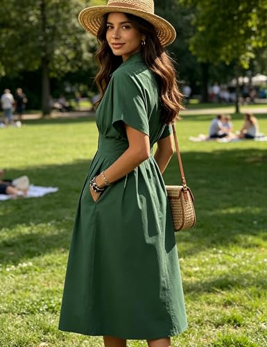 Image of Yeokou Shirt Dress for Women Summer Casual Short Sleeve Button Down Loose Pleated Maxi Sundress with Pockets