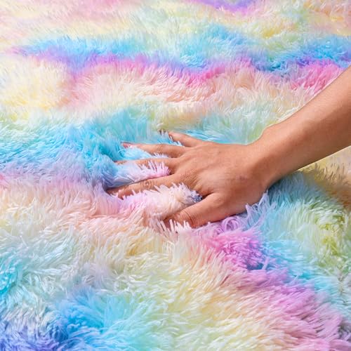 Rainbow Rug for Girls Bedroom, 5x7 Area Rug for Cute Girls Room, Bedside Indoor Floor Fluffy Shag Carpet, Plush Soft Rug for Living Room Nursery Dorm Home Decor