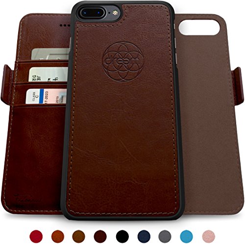 Dreem Fibonacci 2-in-1 Wallet-Case for iPhone 8-Plus & 7-Plus, Magnetic Detachable PC Slim-Case, Luxury Vegan Leather, RFID Protection, Smart 2-Way Stand, Gift-Box - Cacao
