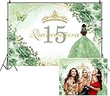 DORCEV 5x3ft Quinceañera Happy 15th Birthday Backdrop Mint Green Gorgeous Dress Golden Crown Photography Background for Girl Princess Birthday Cake Table Party Decorative Props