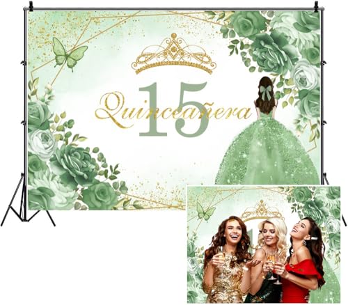 DORCEV 5x3ft Quinceañera Happy 15th Birthday Backdrop Mint Green Gorgeous Dress Golden Crown Photography Background for Girl Princess Birthday Cake Table Party Decorative Props