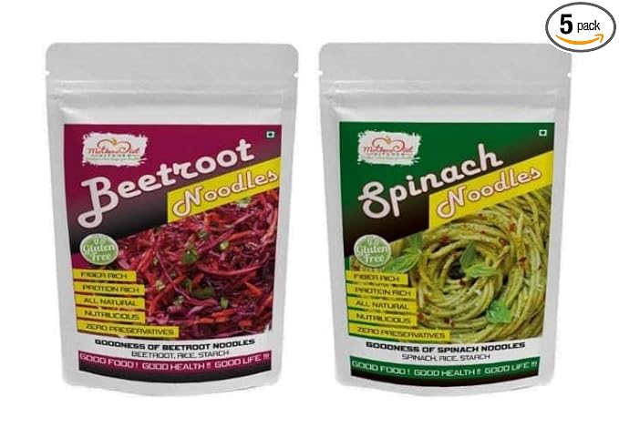 Veggie Combi Gluten Free Noodles I Beetroot Noodles & Spinach Noodles I 200g each I No Maida I Zeri Preservatives I Combo Pack of 2