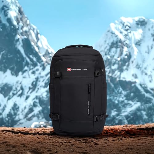 Image of SWISS MILITARY Black Gold Collection Aster Laptop Backpack, Travel Trekking Bag with Trolley Strap, Water Resistant, Multiple Compartments, Front Zip Pocket, Laptop Sleeve, Outdoor & Office Bag (29L)