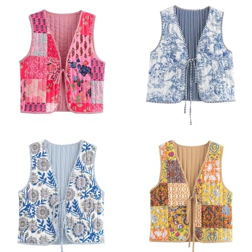 Wyeysyt Women's Cropped Floral Quilted Puffer Vest Printed Lightweight Sleeveless Padded Gilet Outwear4