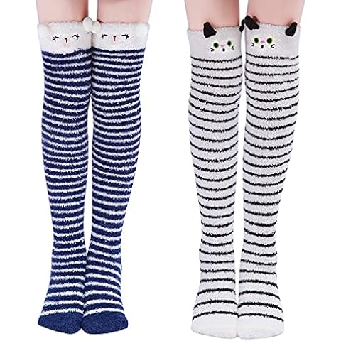 LittleForBig Süßes Tier Koralle Samt Oberschenkel/Knie-Lange Gestreifte Socken Kniestrümpfe 2 Paare -Blau/Schwarz Cover
