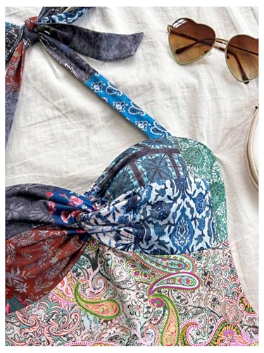 WDIRARA Women's Paisley Floral Boho Ruffle Layered Halter Dress Twist Front Tie Backless A Line Mini Dresses3